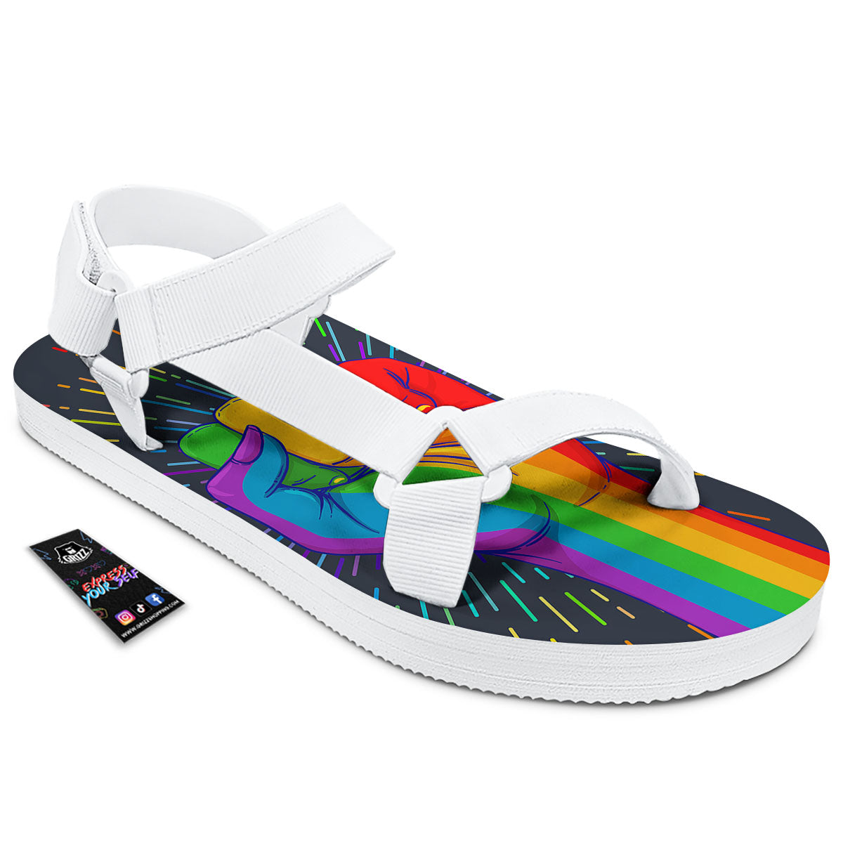 Rainbow Hand LGBT Pride Print White Open Toe Sandals-grizzshop