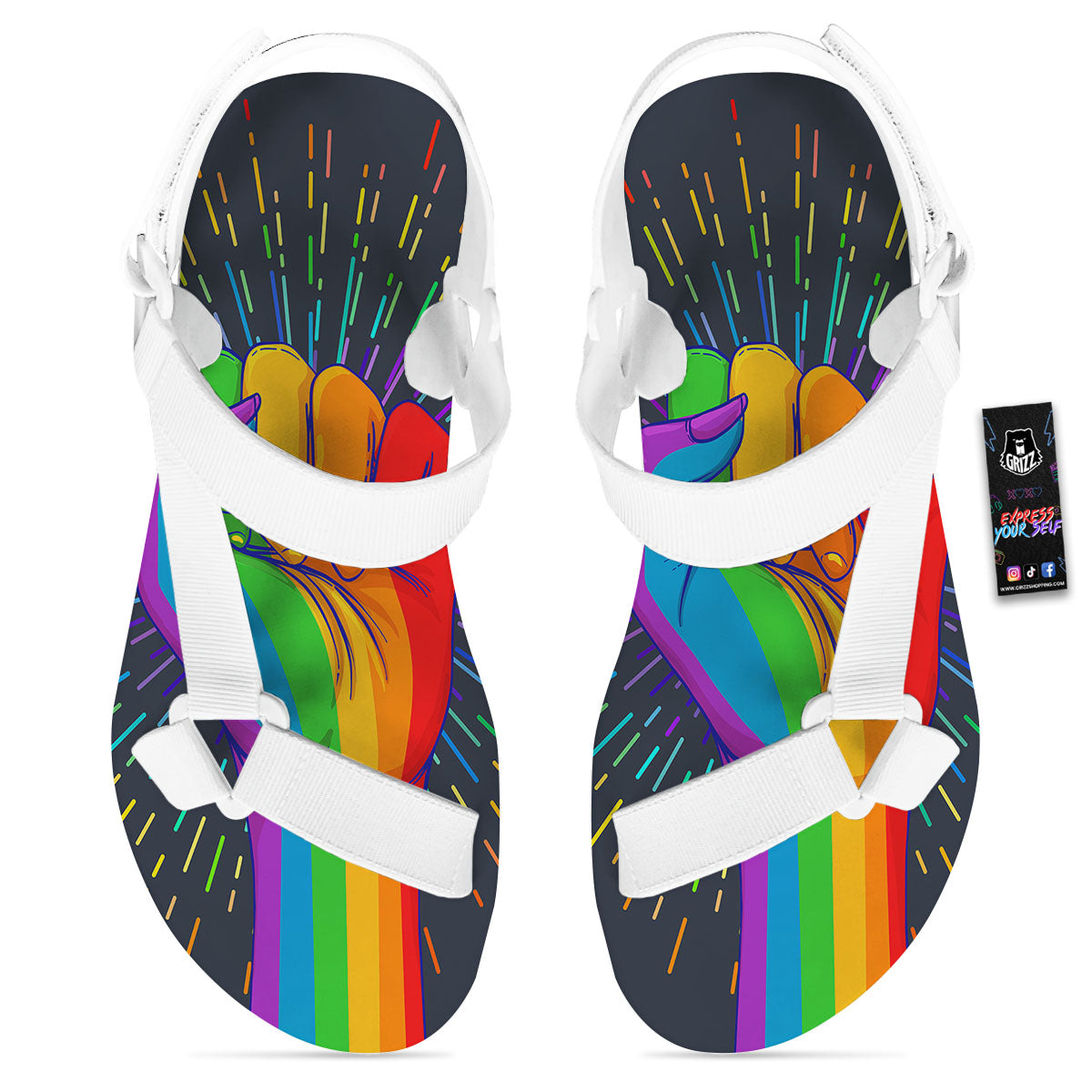 Rainbow Hand LGBT Pride Print White Open Toe Sandals-grizzshop