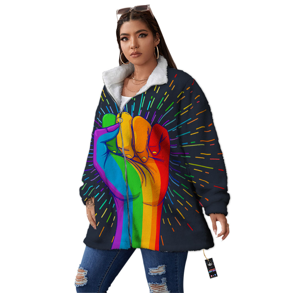 Rainbow Hand LGBT Pride Print Women's Sherpa Jacket-grizzshop