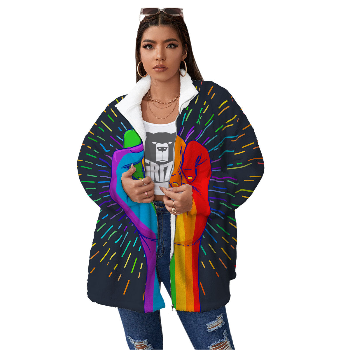 Rainbow Hand LGBT Pride Print Women's Sherpa Jacket-grizzshop