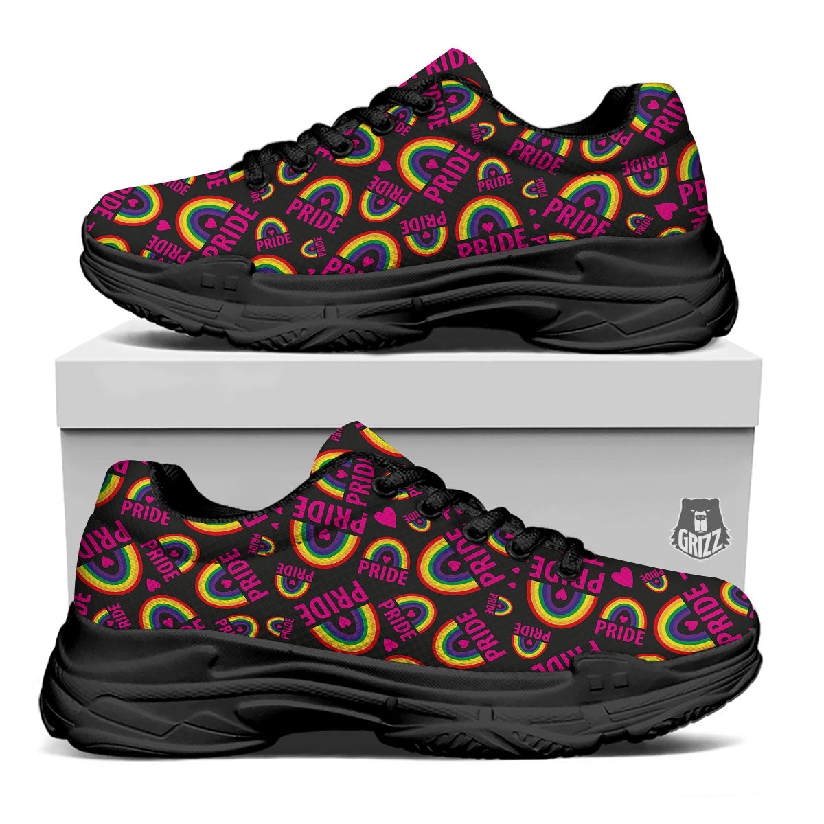 Rainbow Heart LGBT Pride Print Pattern Black Chunky Shoes-grizzshop