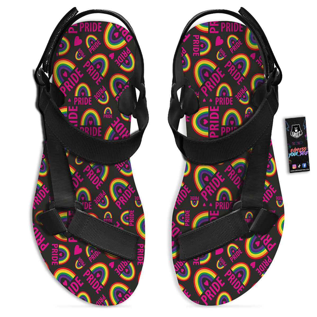 Rainbow Heart LGBT Pride Print Pattern Black Open Toe Sandals-grizzshop