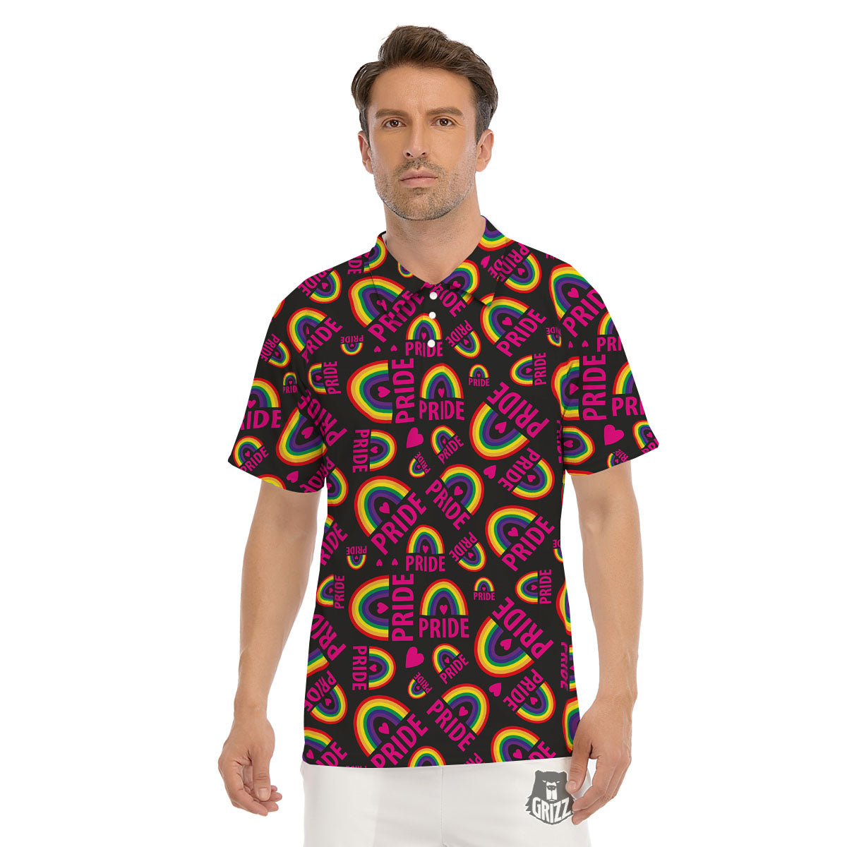 Rainbow Heart LGBT Pride Print Pattern Men's Golf Shirts-grizzshop