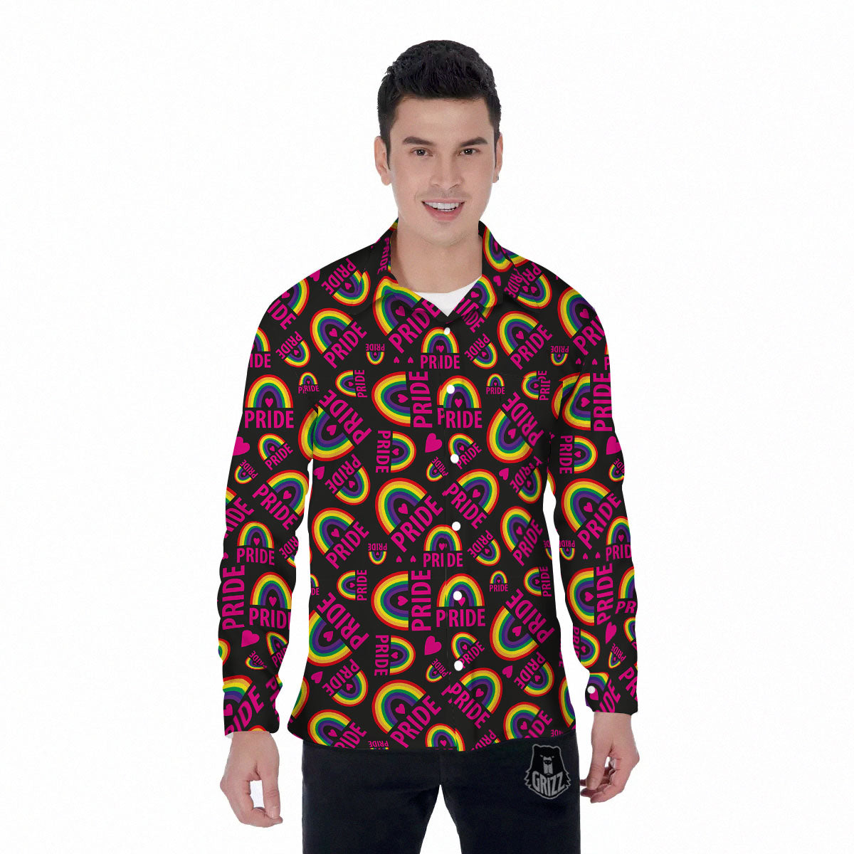 Rainbow Heart LGBT Pride Print Pattern Men's Long Sleeve Shirts-grizzshop