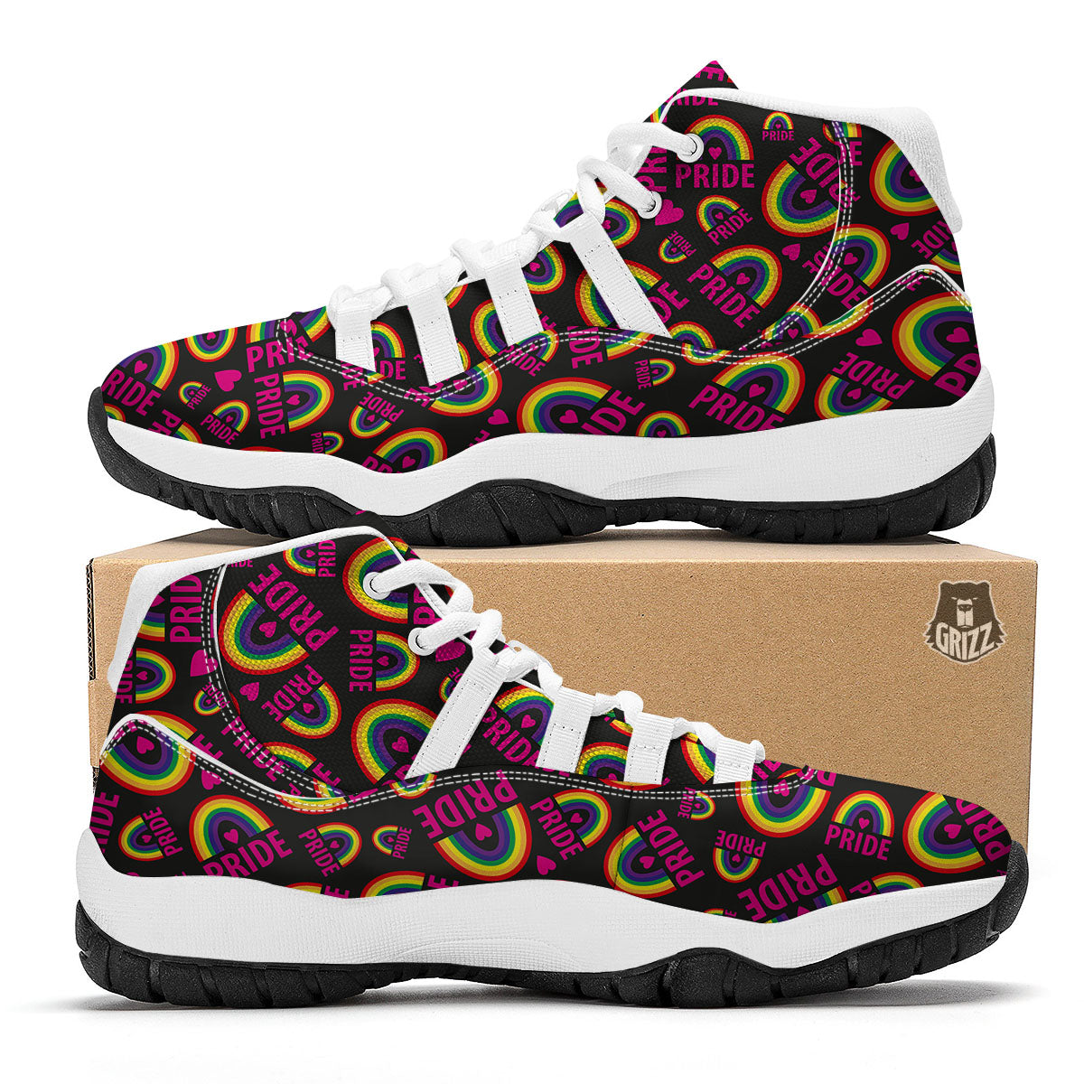 Rainbow Heart LGBT Pride Print Pattern White Bball Shoes-grizzshop