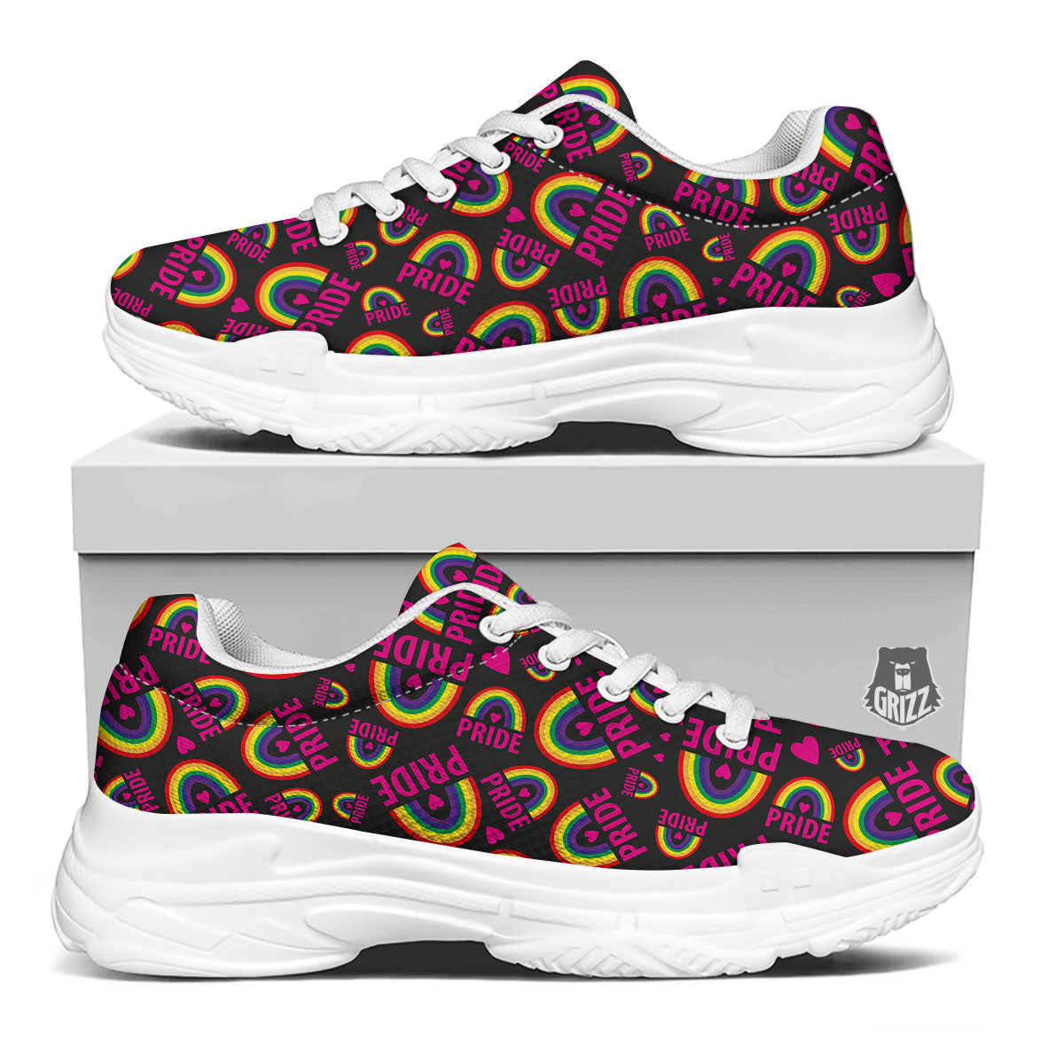 Rainbow Heart LGBT Pride Print Pattern White Chunky Shoes-grizzshop