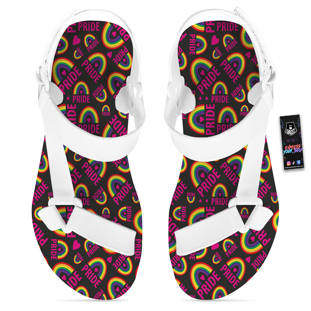 Rainbow Heart LGBT Pride Print Pattern White Open Toe Sandals-grizzshop