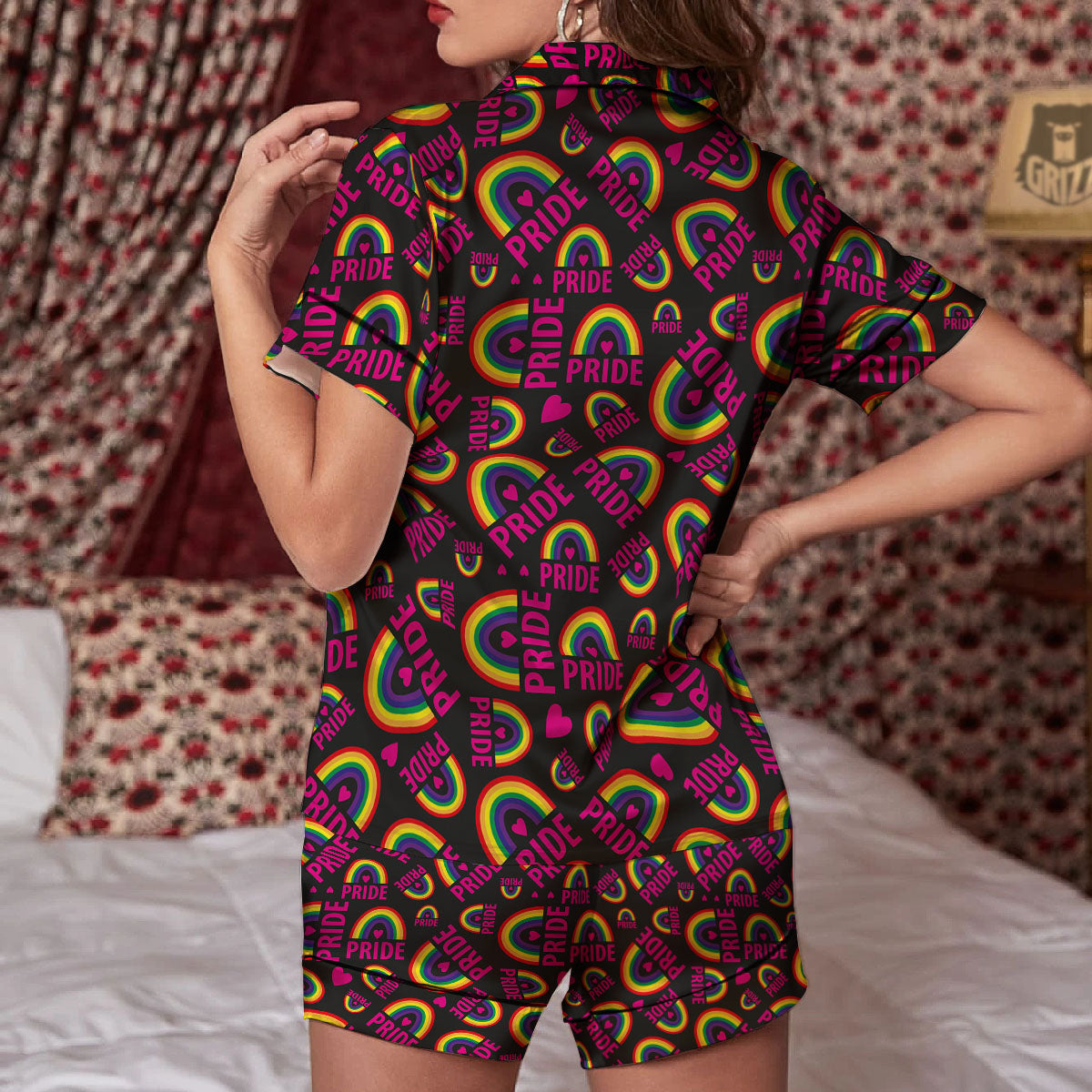 Rainbow Heart LGBT Pride Print Pattern Women Silk Pajamas-grizzshop