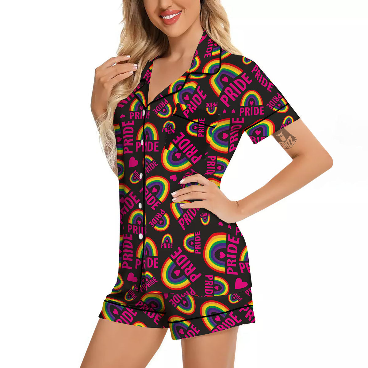 Rainbow Heart LGBT Pride Print Pattern Women Silk Pajamas-grizzshop