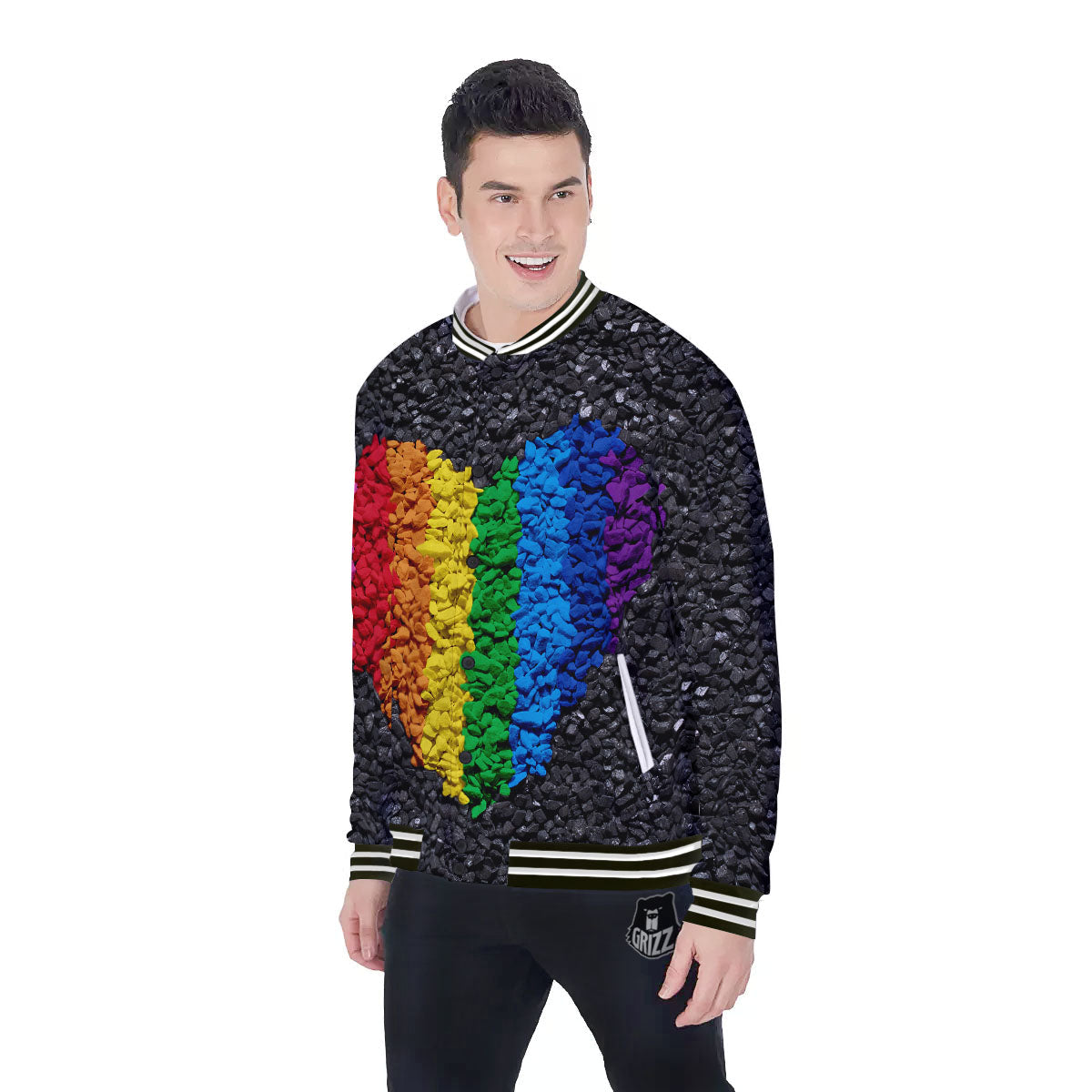 Rainbow Heart Stones LGBT Pride Print Baseball Jacket-grizzshop