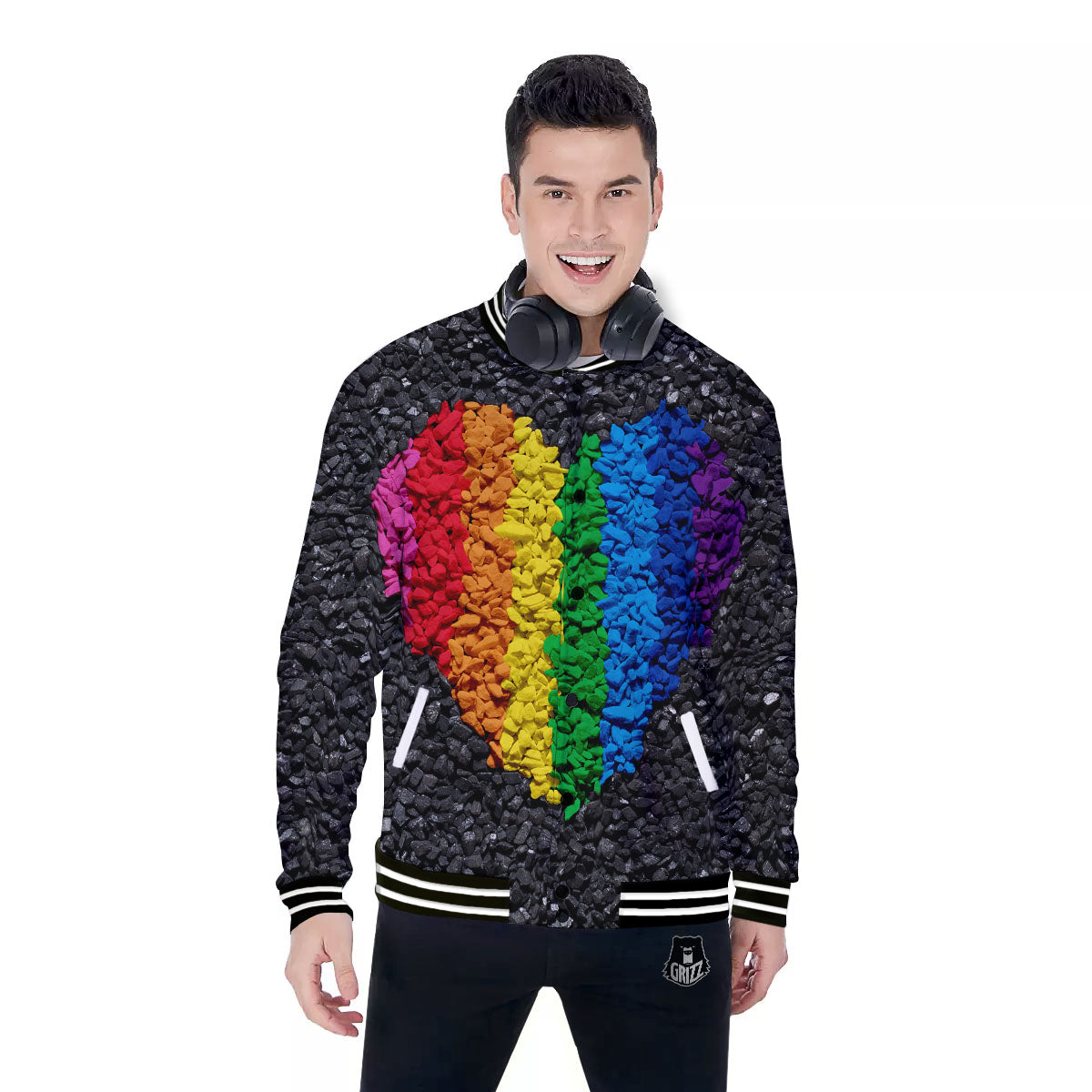 Rainbow Heart Stones LGBT Pride Print Baseball Jacket-grizzshop