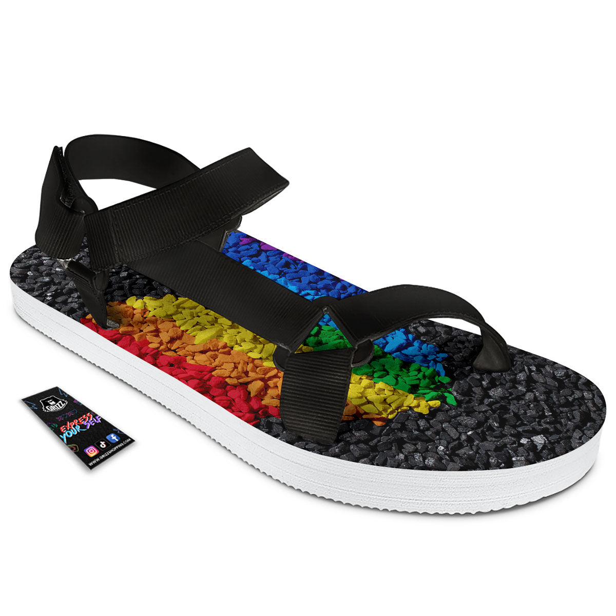 Rainbow Heart Stones LGBT Pride Print Black Open Toe Sandals-grizzshop