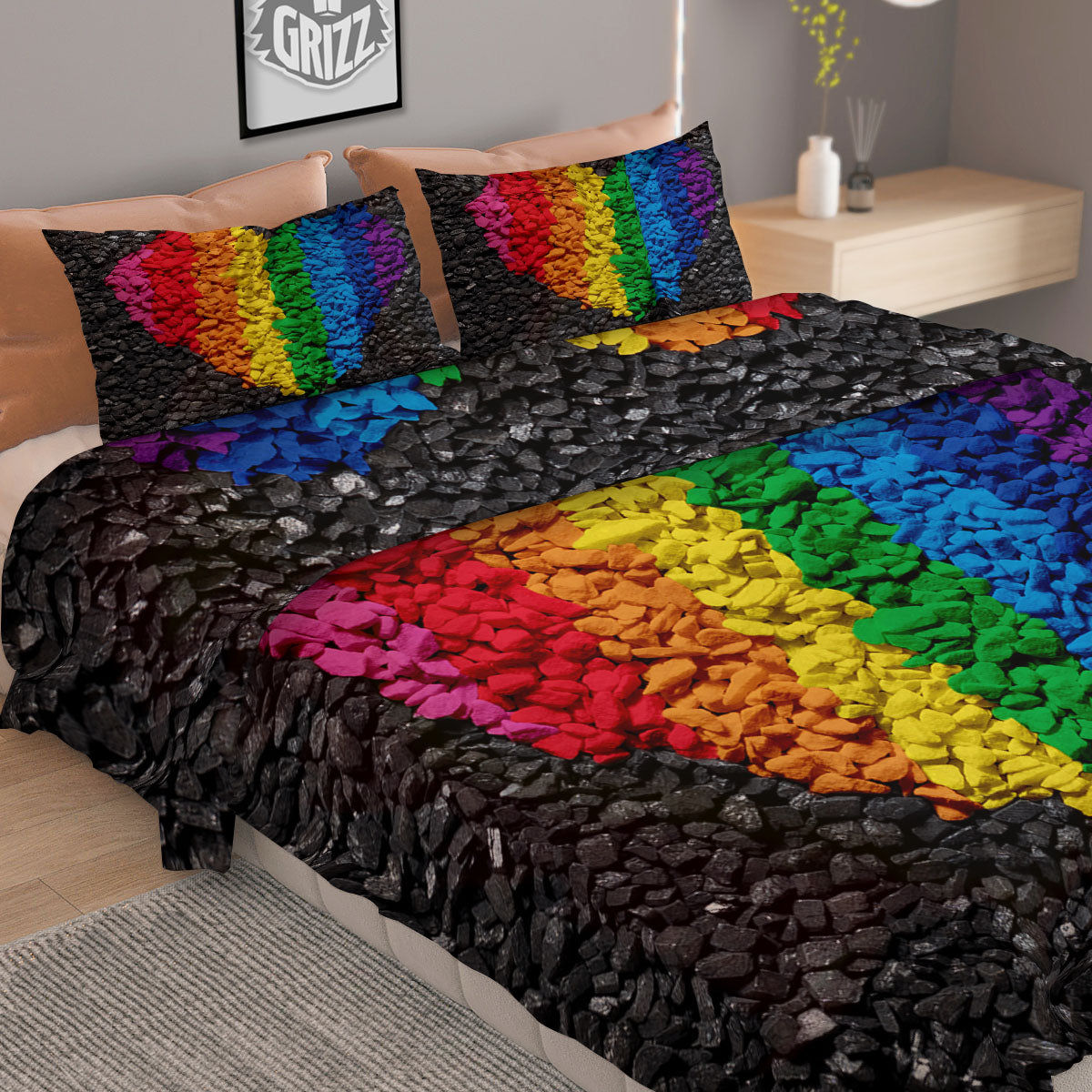 Rainbow Heart Stones LGBT Pride Print Duvet Cover Bedding Set