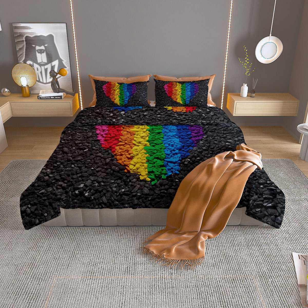 Rainbow Heart Stones LGBT Pride Print Duvet Cover Bedding Set