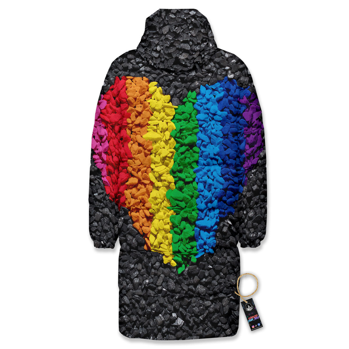 Rainbow Heart Stones LGBT Pride Print Long Down Jacket-grizzshop