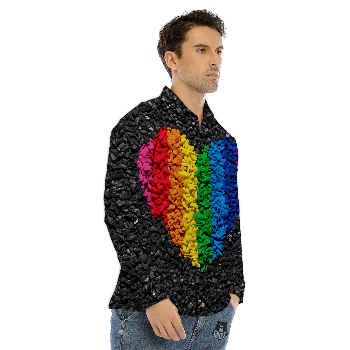 Rainbow Heart Stones LGBT Pride Print Men's Dress Shirts-grizzshop