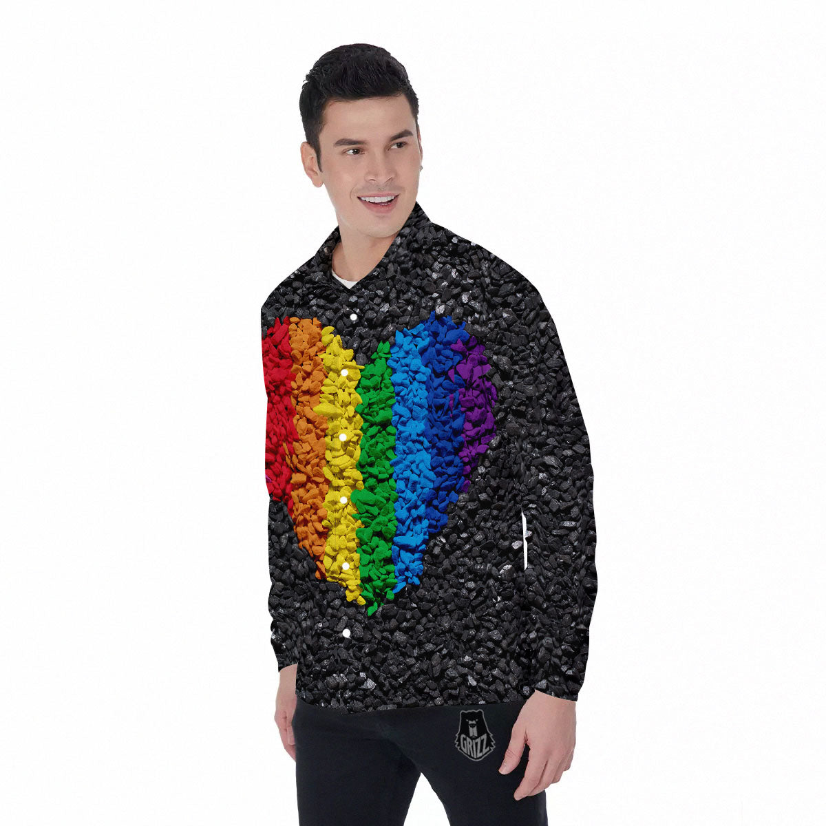 Rainbow Heart Stones LGBT Pride Print Men's Long Sleeve Shirts-grizzshop