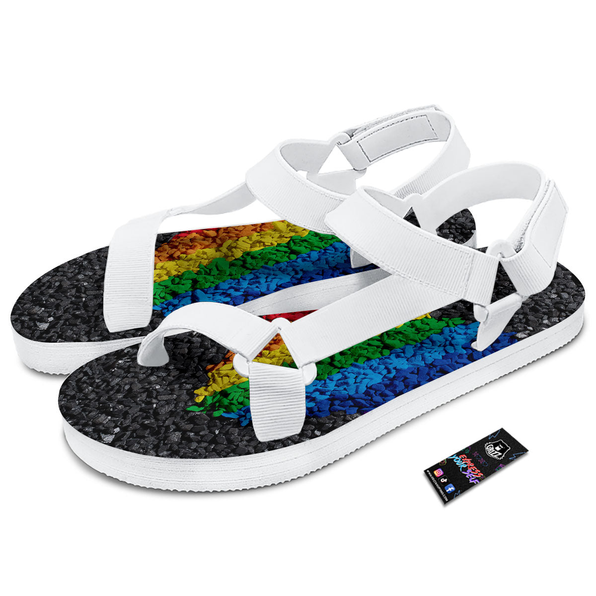 Rainbow Heart Stones LGBT Pride Print White Open Toe Sandals-grizzshop