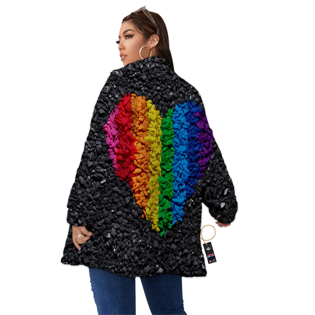 Rainbow Heart Stones LGBT Pride Print Women's Sherpa Jacket-grizzshop