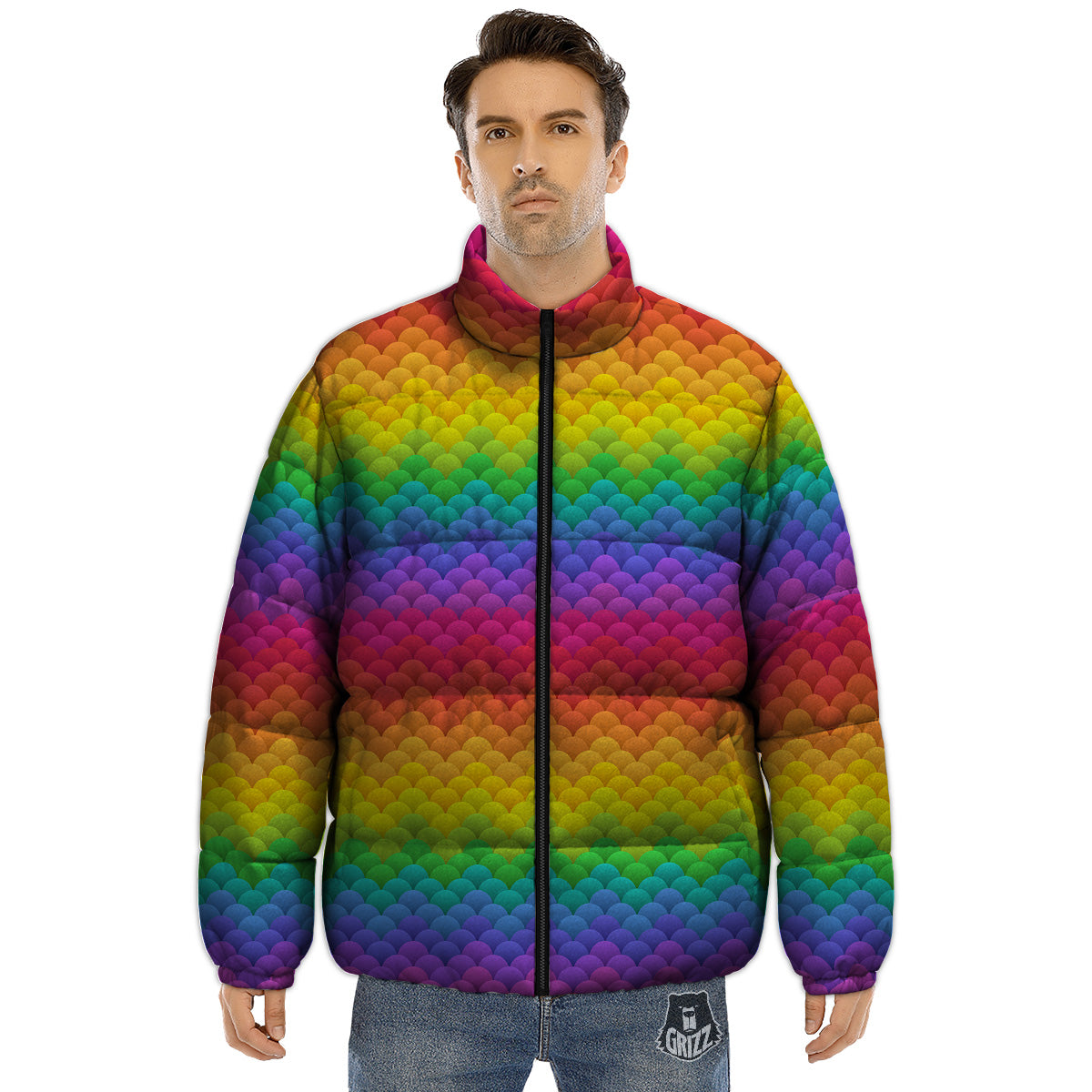 Rainbow Light Blobs Print Pattern Puffer Jacket-grizzshop