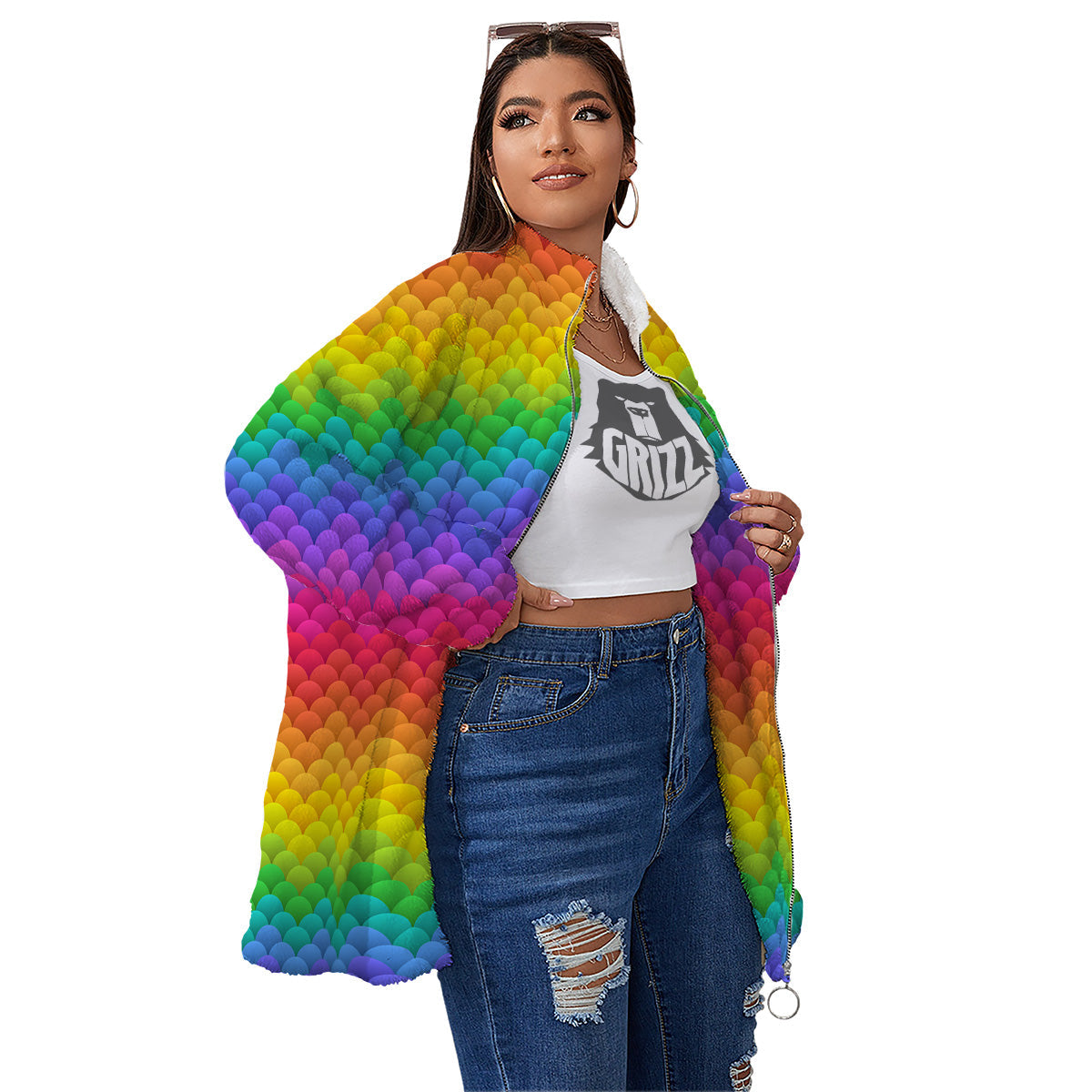 Rainbow Light Blobs Print Pattern Women's Sherpa Jacket-grizzshop
