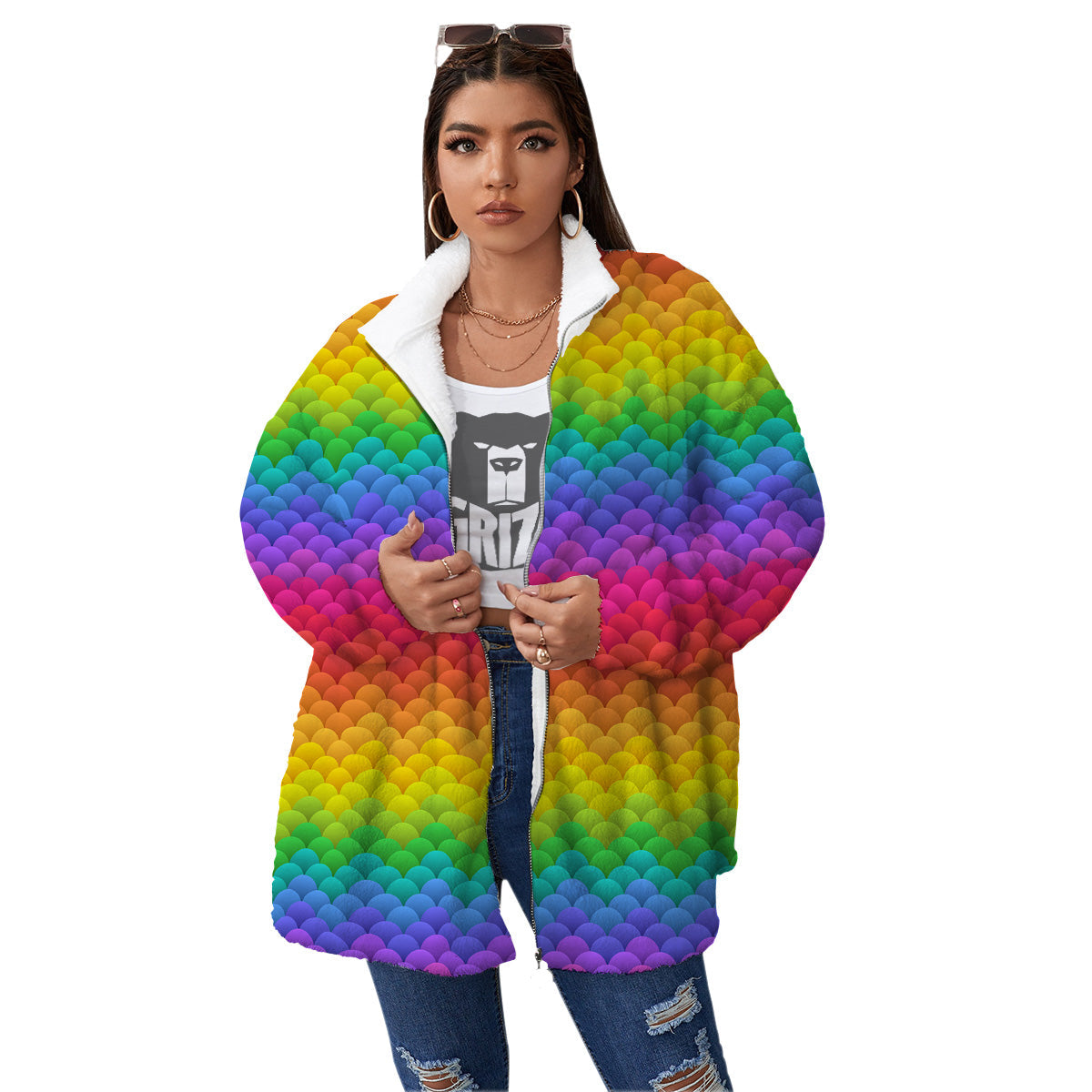 Rainbow Light Blobs Print Pattern Women's Sherpa Jacket-grizzshop