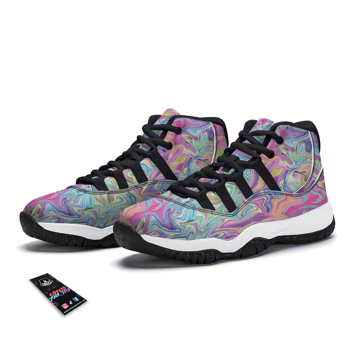 Rainbow Marble Pattern Print Black Bball Shoes-grizzshop