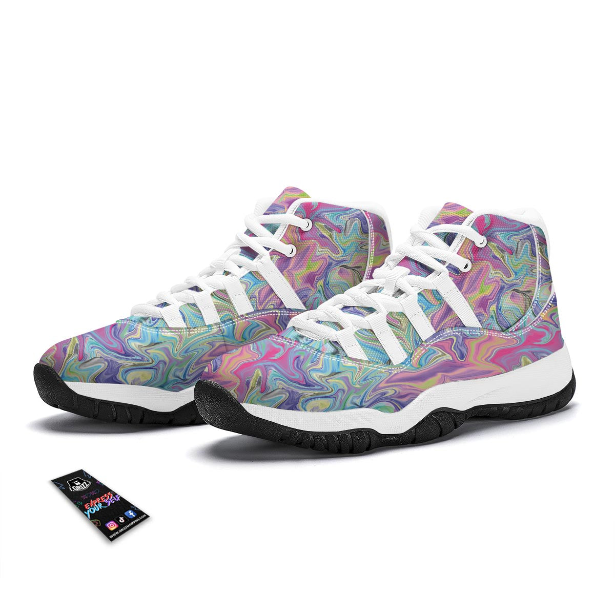 Rainbow Marble Pattern Print White Bball Shoes-grizzshop