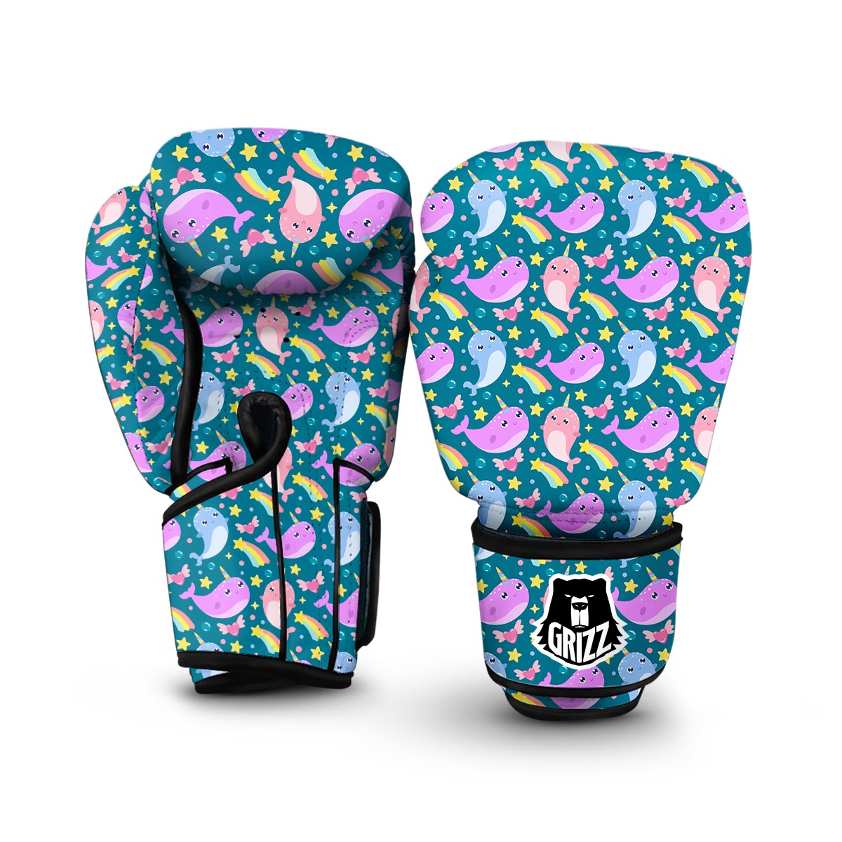 Rainbow Narwhal Pattern Print Boxing Gloves-grizzshop