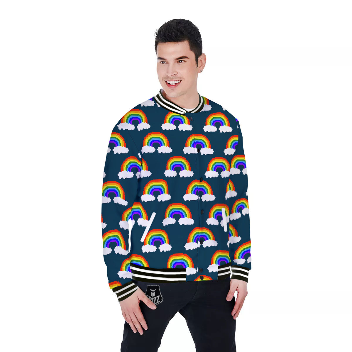 Rainbow Pixel Print Pattern Baseball Jacket-grizzshop
