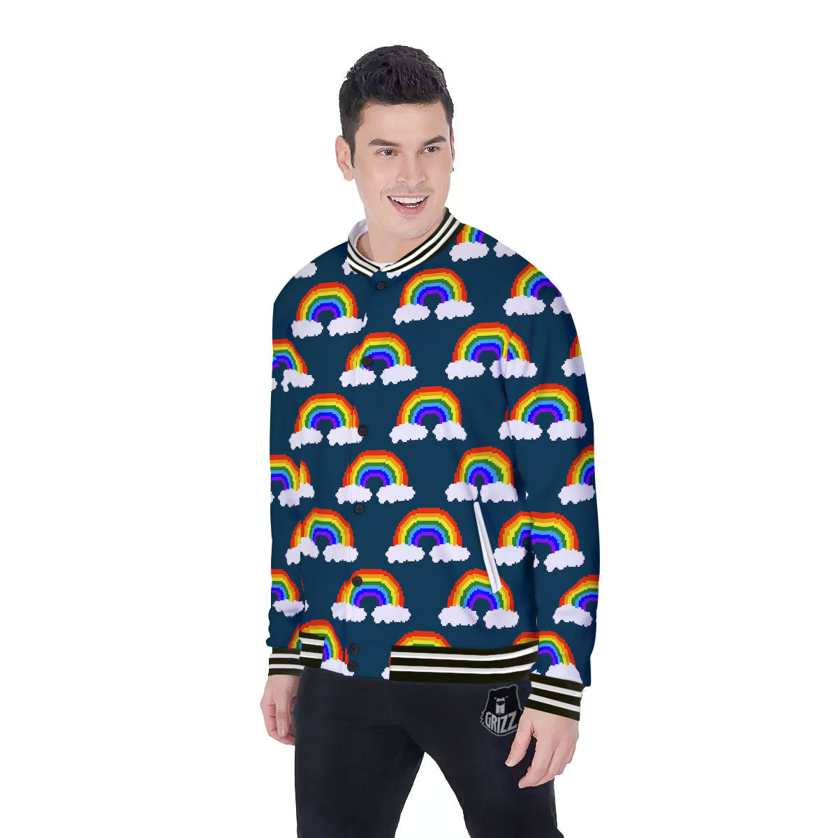 Rainbow Pixel Print Pattern Baseball Jacket-grizzshop