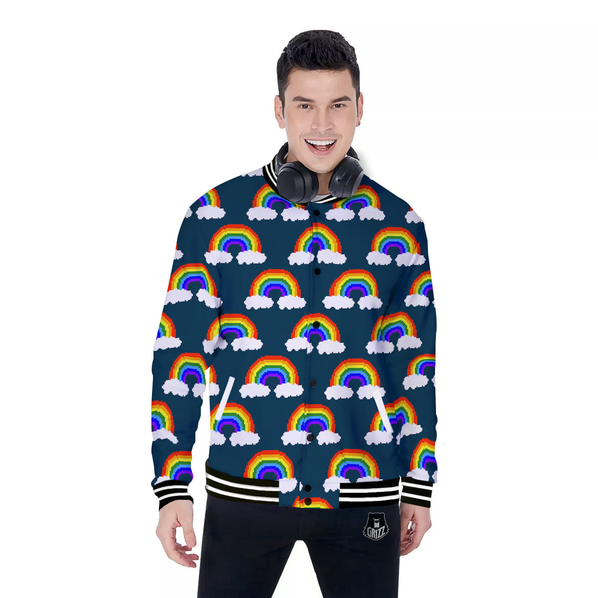 Rainbow Pixel Print Pattern Baseball Jacket-grizzshop