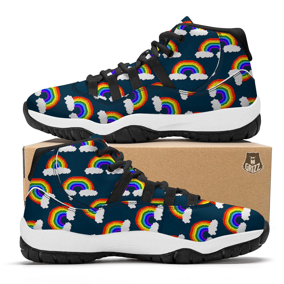 Rainbow Pixel Print Pattern Black Bball Shoes-grizzshop