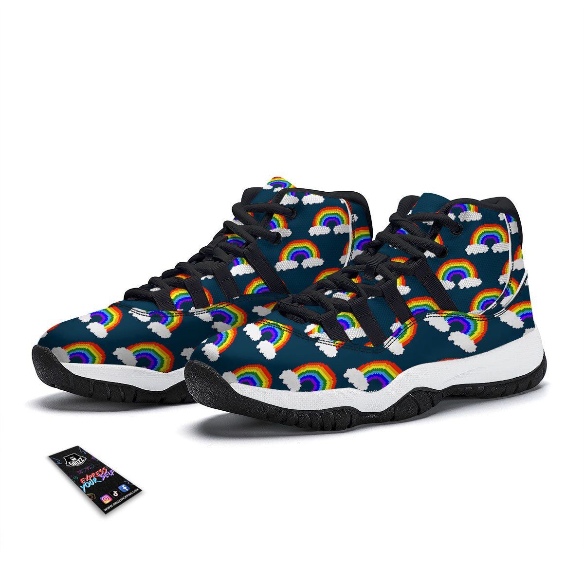Rainbow Pixel Print Pattern Black Bball Shoes-grizzshop