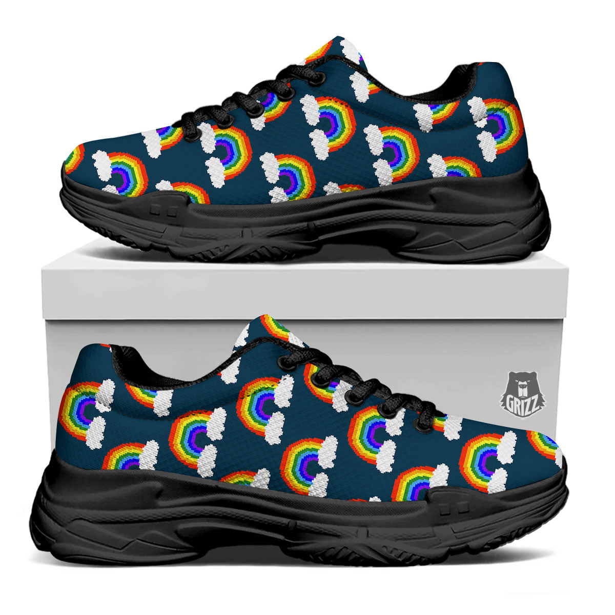Rainbow Pixel Print Pattern Black Chunky Shoes-grizzshop