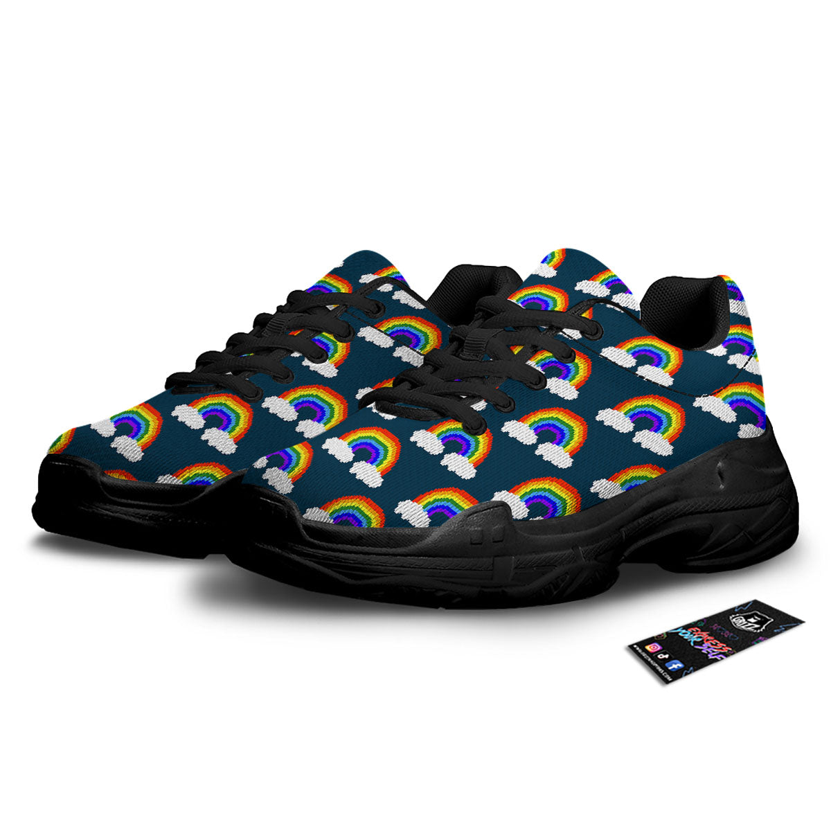 Rainbow Pixel Print Pattern Black Chunky Shoes-grizzshop
