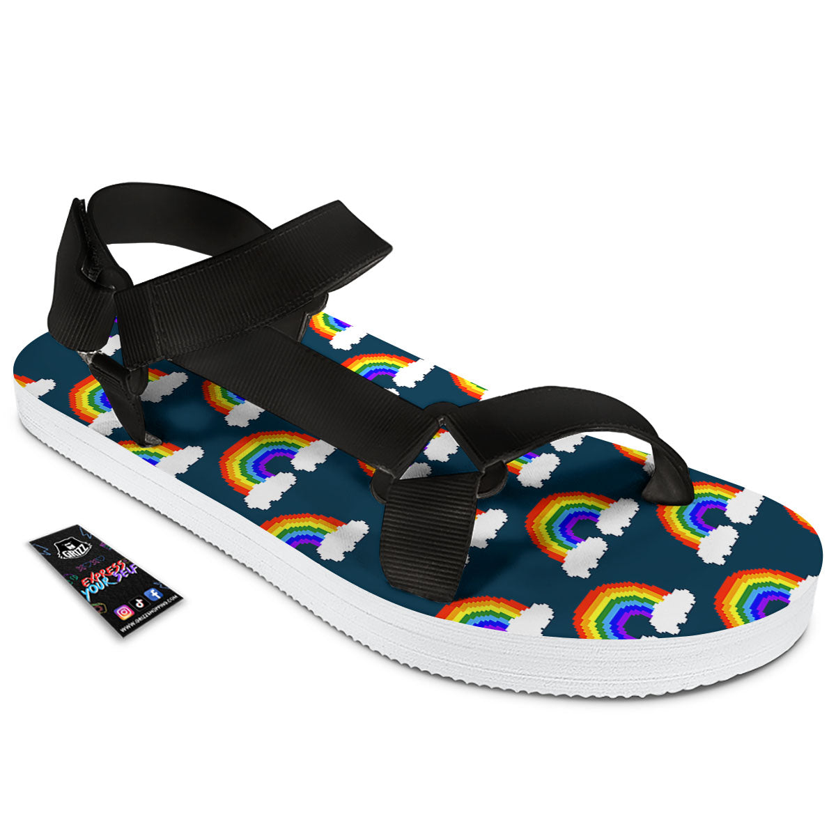 Rainbow Pixel Print Pattern Black Open Toe Sandals-grizzshop