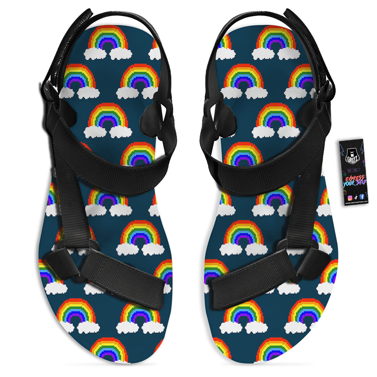 Rainbow Pixel Print Pattern Black Open Toe Sandals-grizzshop