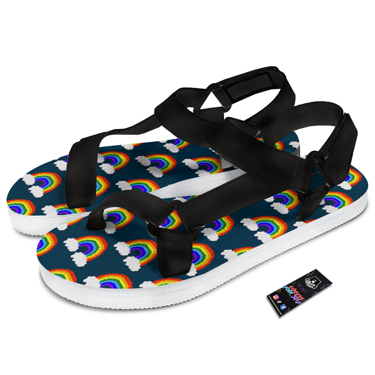 Rainbow Pixel Print Pattern Black Open Toe Sandals-grizzshop