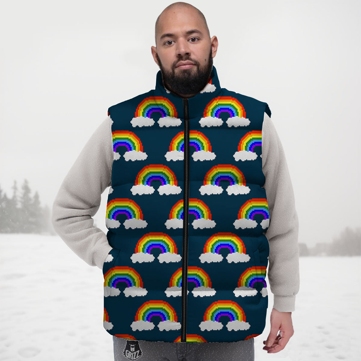 Rainbow Pixel Print Pattern Down Vest
