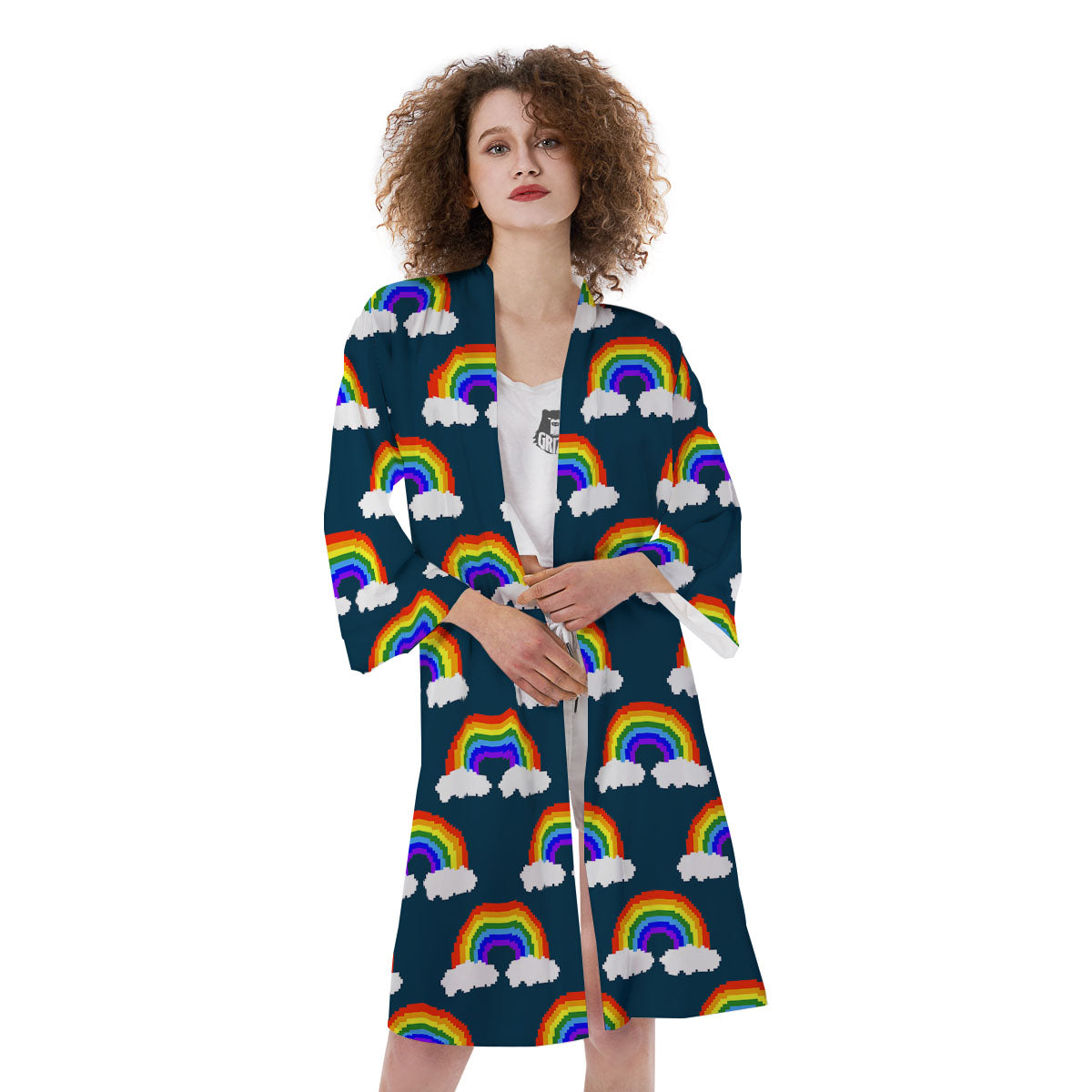 Rainbow Pixel Print Pattern Kimono-grizzshop