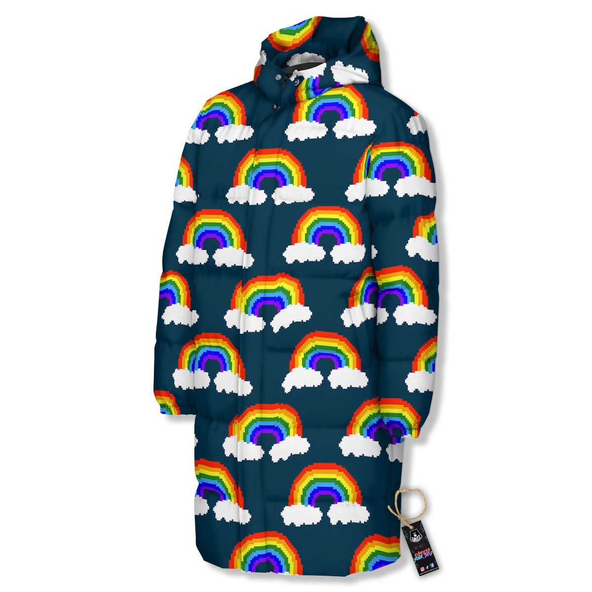 Rainbow Pixel Print Pattern Long Down Jacket-grizzshop