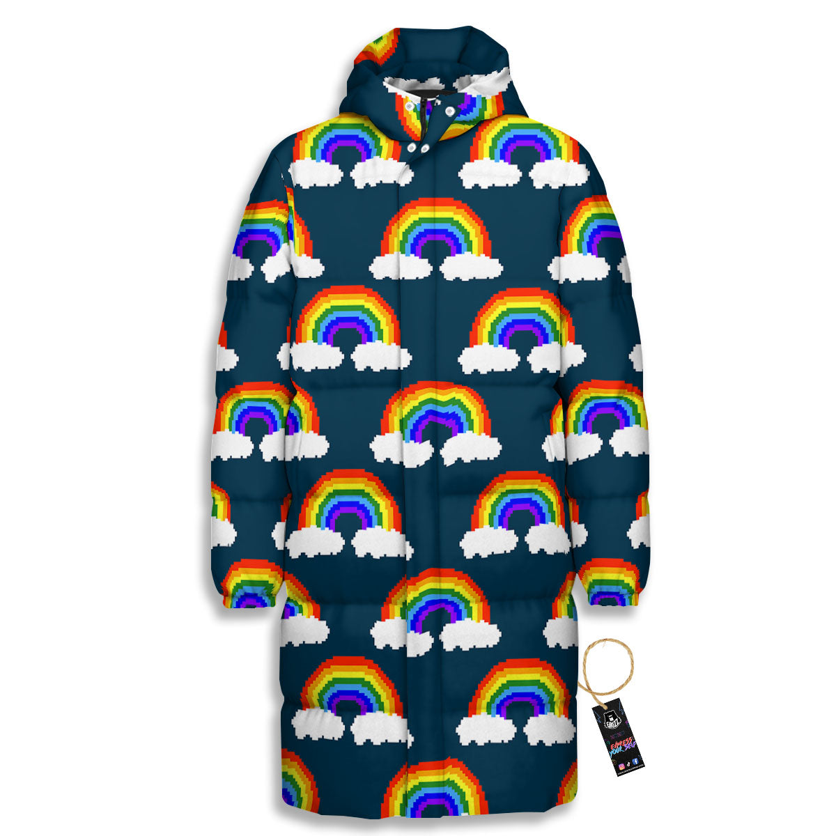 Rainbow Pixel Print Pattern Long Down Jacket-grizzshop