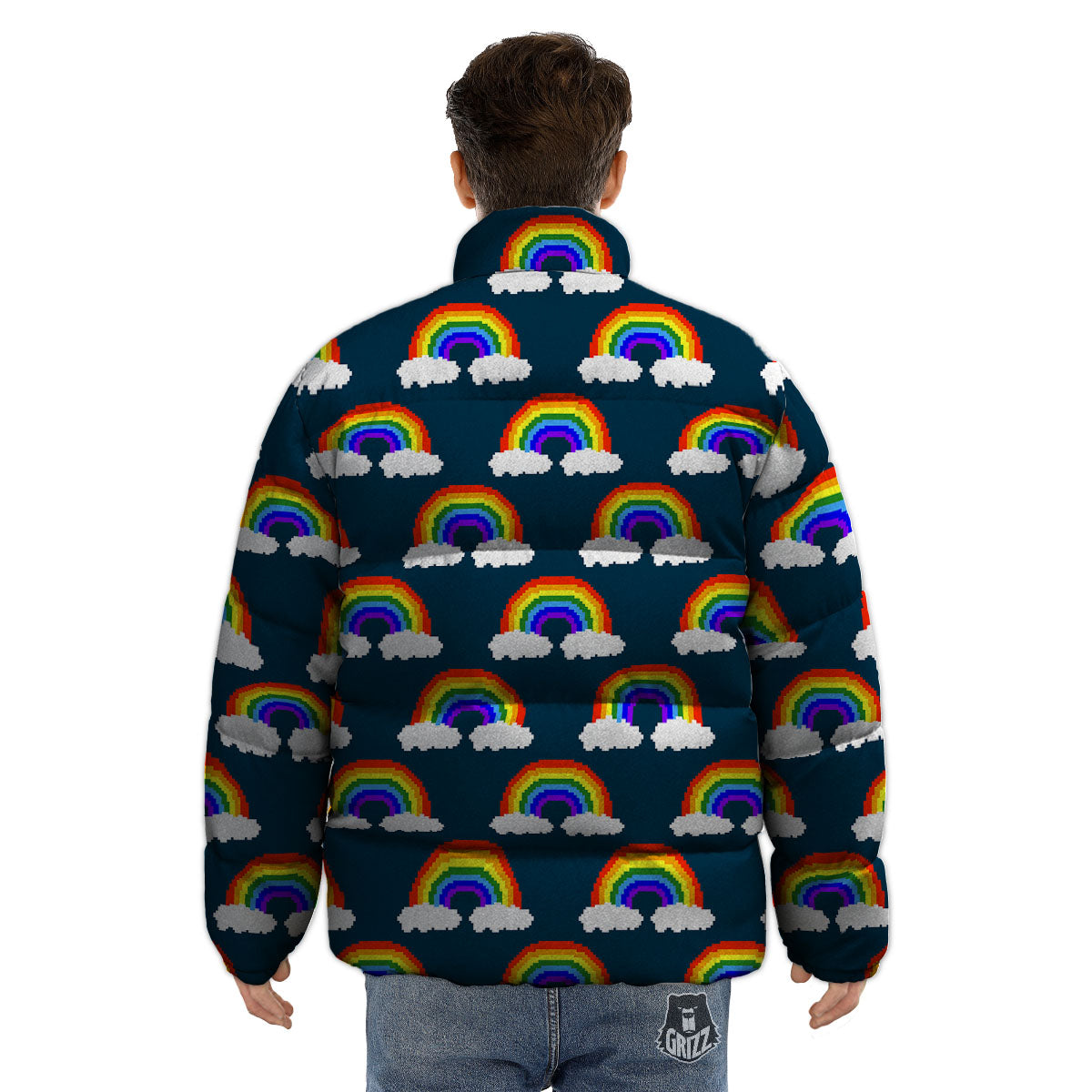 Rainbow Pixel Print Pattern Puffer Jacket-grizzshop