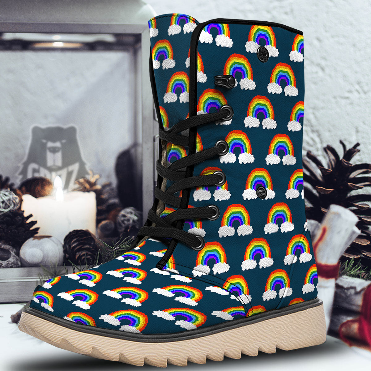 Rainbow Pixel Print Pattern Snow Boots-grizzshop
