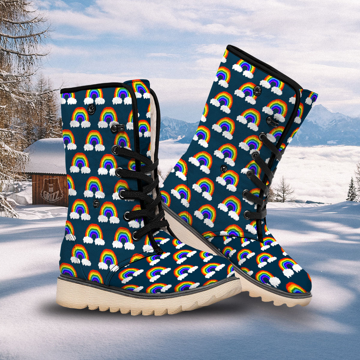 Rainbow Pixel Print Pattern Snow Boots-grizzshop