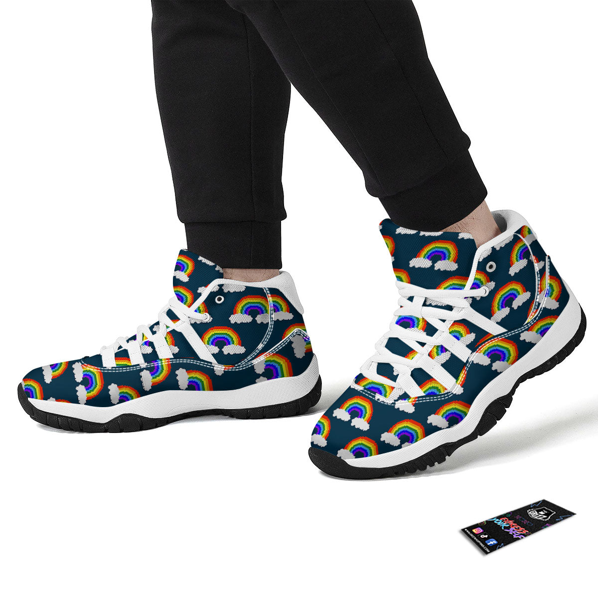 Rainbow Pixel Print Pattern White Bball Shoes-grizzshop