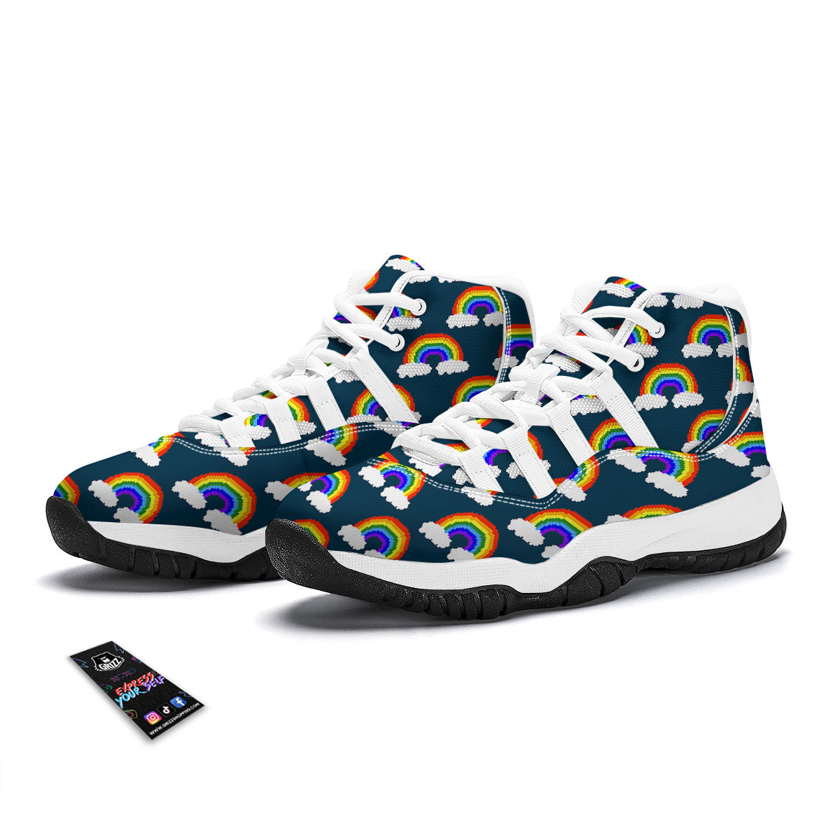Rainbow Pixel Print Pattern White Bball Shoes-grizzshop