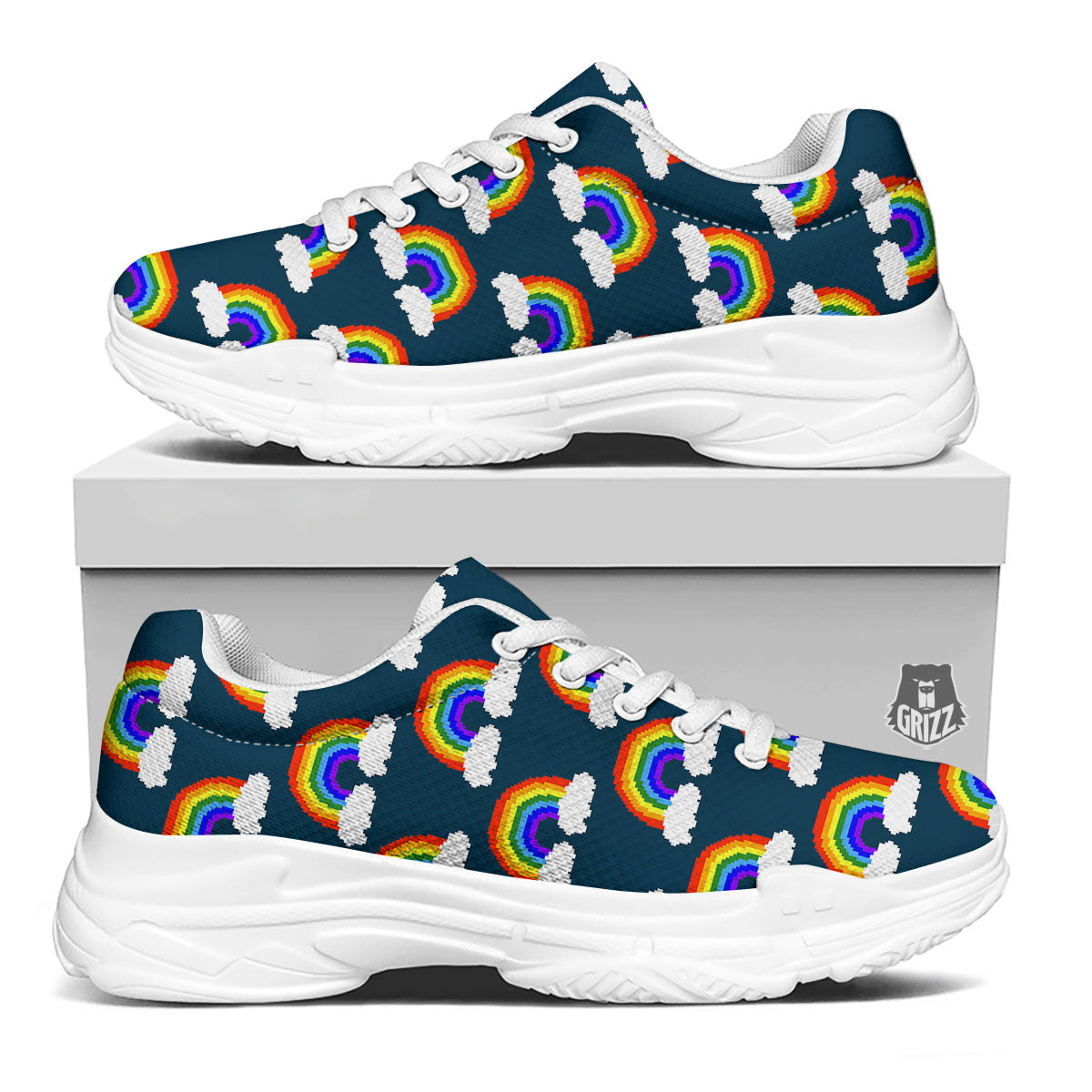 Rainbow Pixel Print Pattern White Chunky Shoes-grizzshop