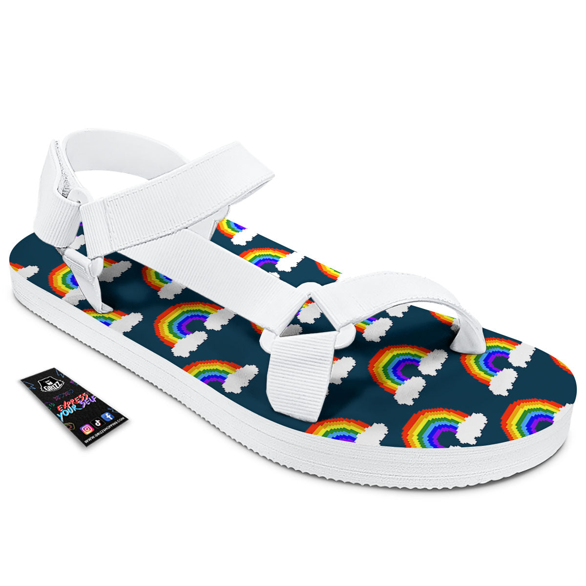 Rainbow Pixel Print Pattern White Open Toe Sandals-grizzshop